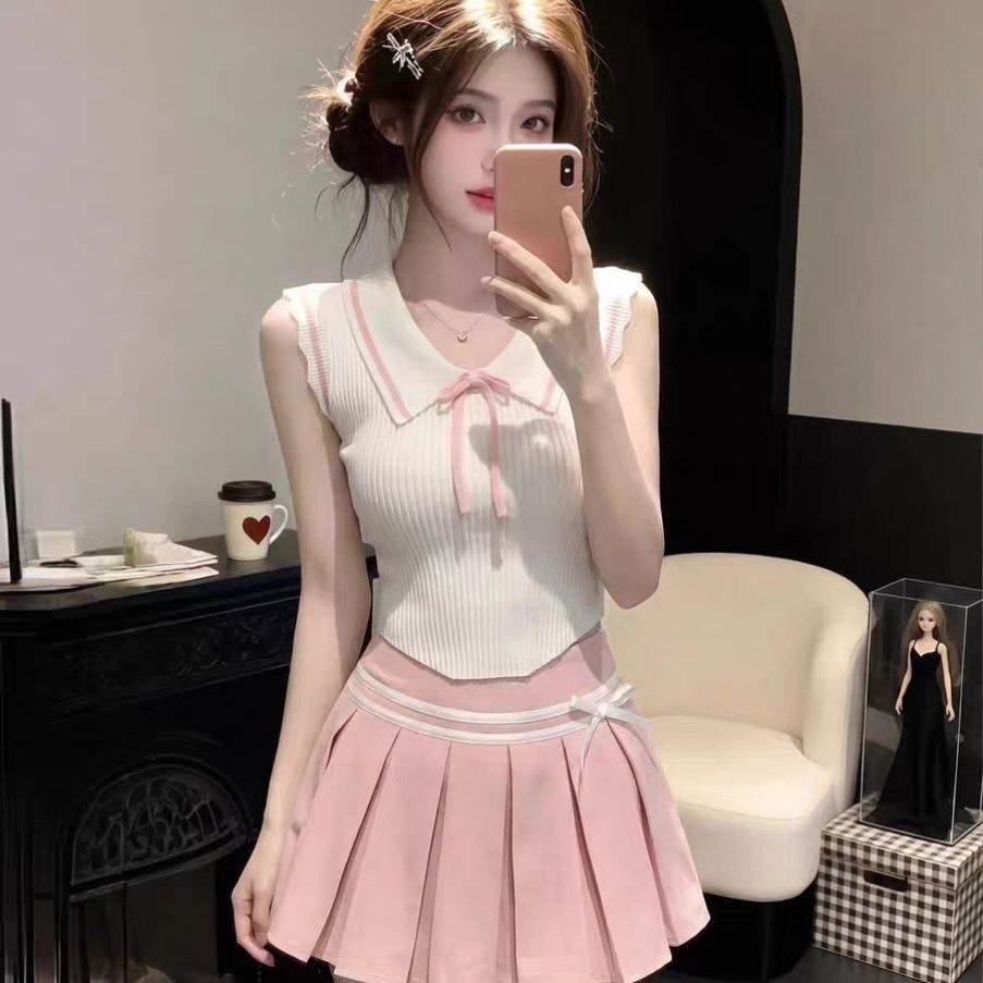 韩系甜美风翻领无袖针织背心上衣女夏季高腰百褶短裙子时尚两件套