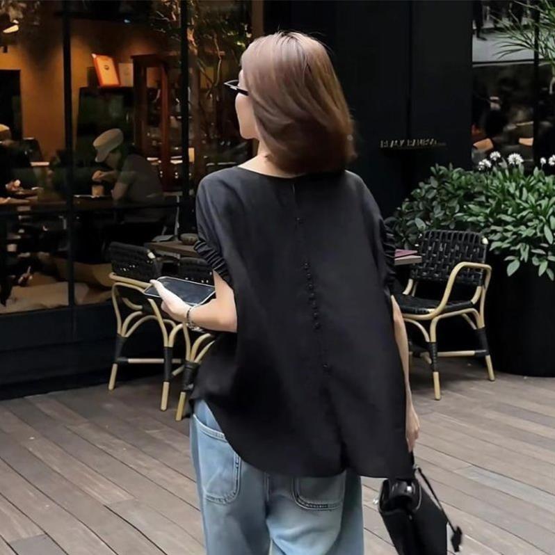 后背排扣黑色短袖T恤女夏季大码胖MM显瘦宽松高级感chic别致上衣