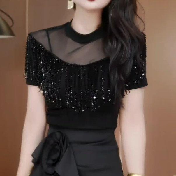 雅黑高级款拼接流苏亮钻2026新款气质洋气显瘦T恤修身显瘦女上衣