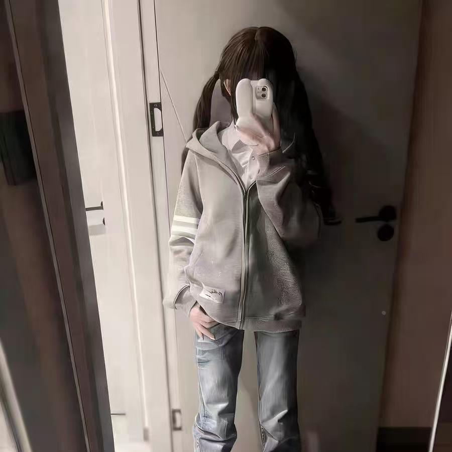潮牌美式复古oversize连帽开衫卫衣女春秋宽松薄款设计感情侣外套