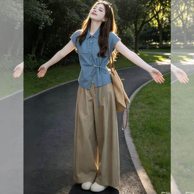 时尚百搭无袖衬衫女高级感减龄洋气蓝色牛仔衬衣夏装绑带收腰上衣