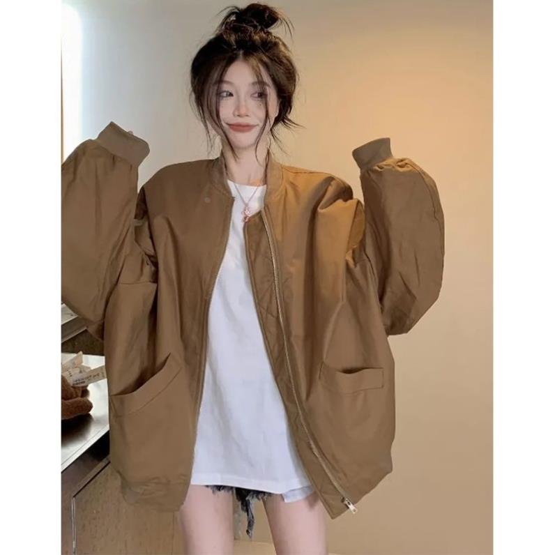 咖啡色立领棒球服外套女秋冬2024新款美式复古宽松飞行员夹克上衣