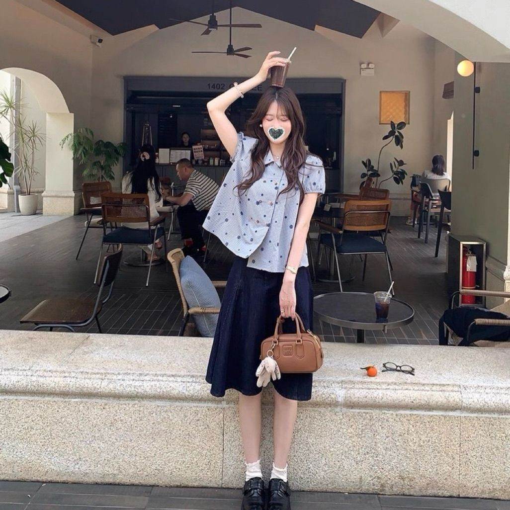 元气少女刺绣格纹格子娃娃宽松衬衫文艺短袖复古日系甜美乖巧上衣