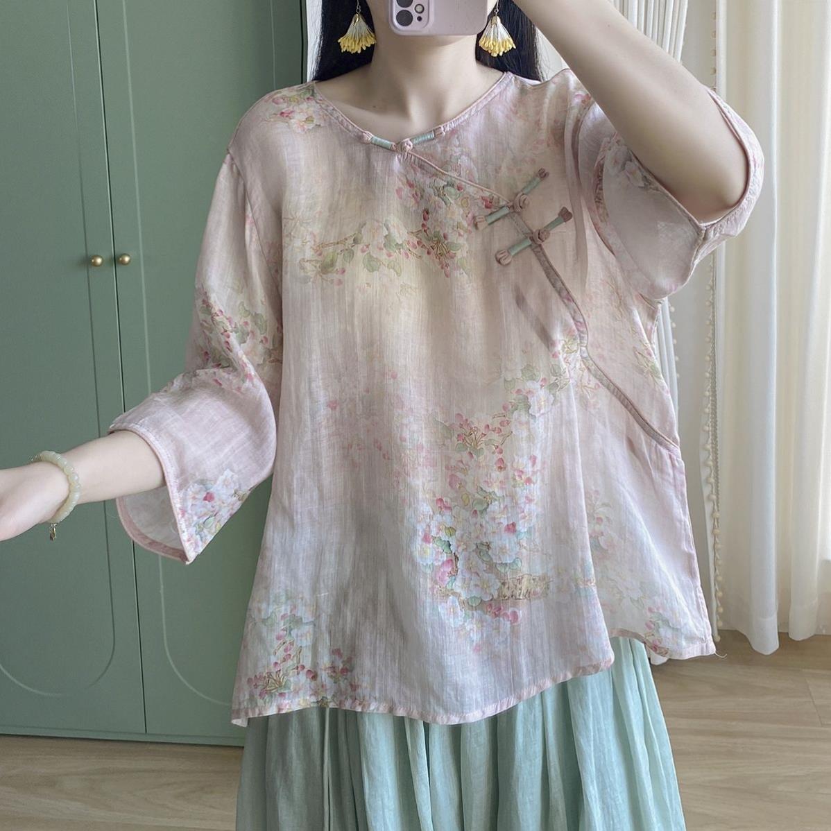 夏季新中式纯苎麻印花衬衫女宽松薄款斜襟盘扣禅意茶服短款上衣