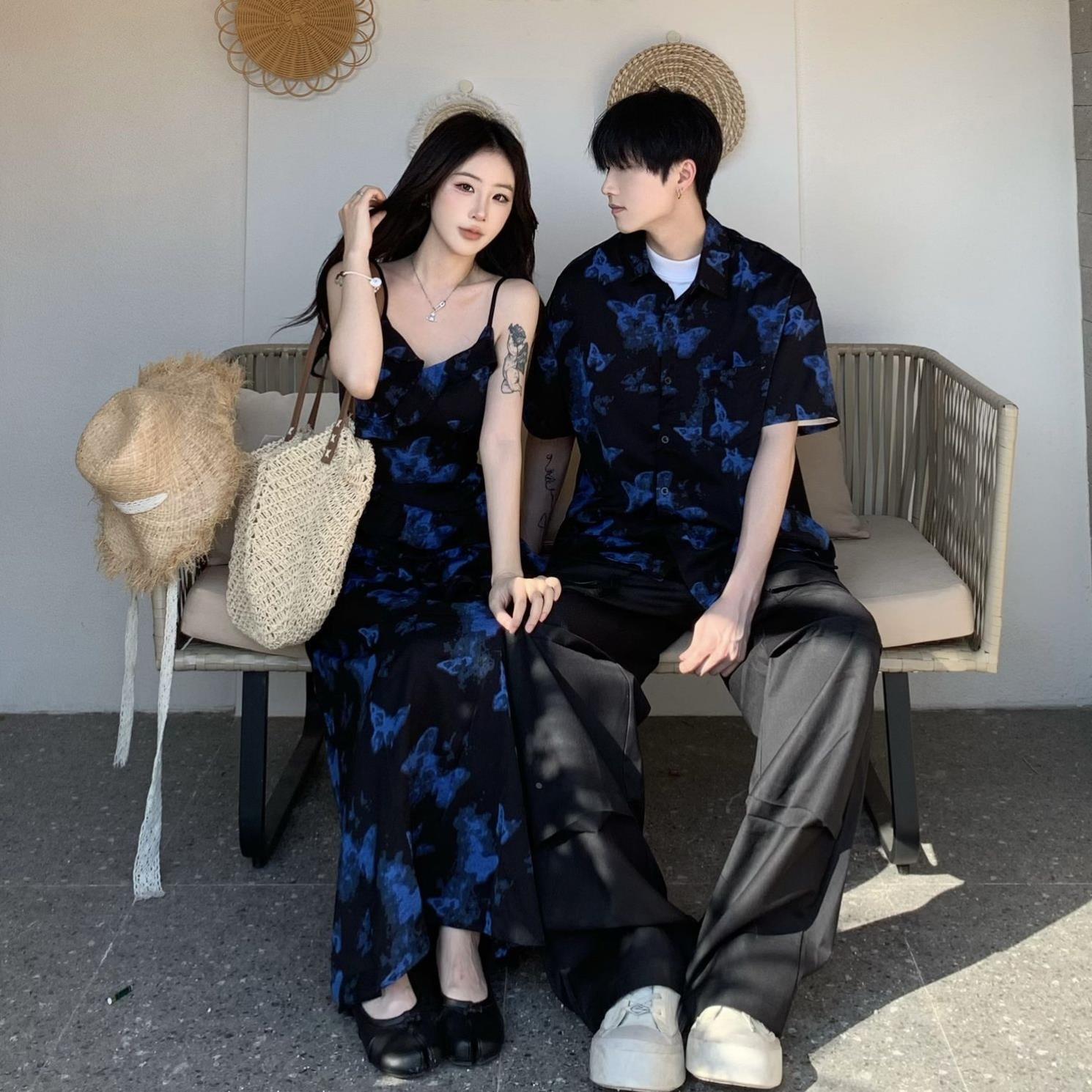 情侣装法式蓝色碎花吊带连衣裙女夏季海边度假风沙滩长裙一衣一裙