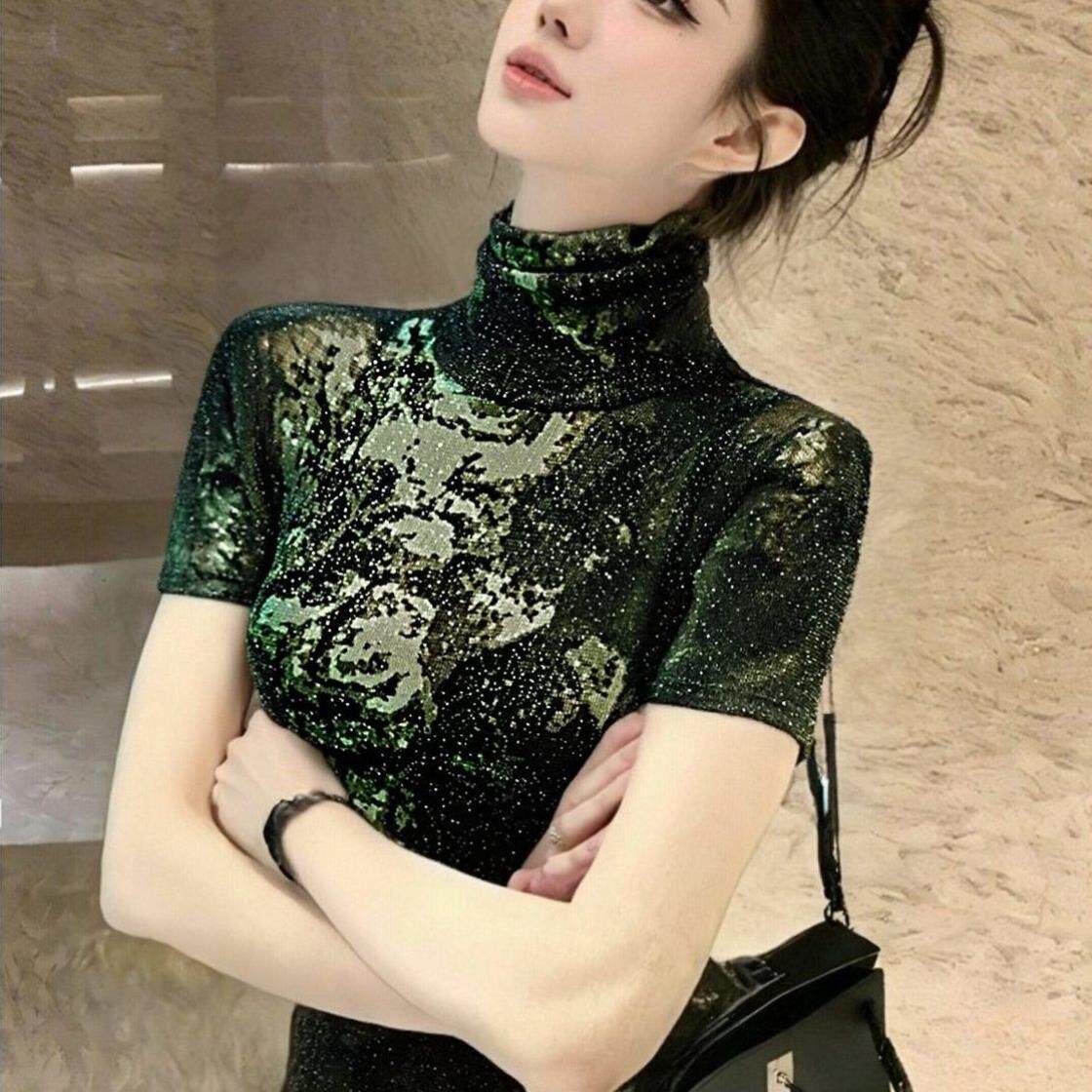 树枝花绿印花亮丝网纱2026春夏薄荷曼波高领短袖内搭外穿弹力上衣