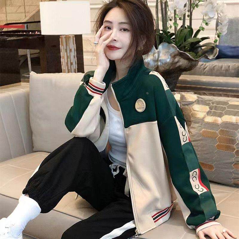 杏色拼接外套女 春秋运动棒球服上衣 2023年新款欧洲站情侣款