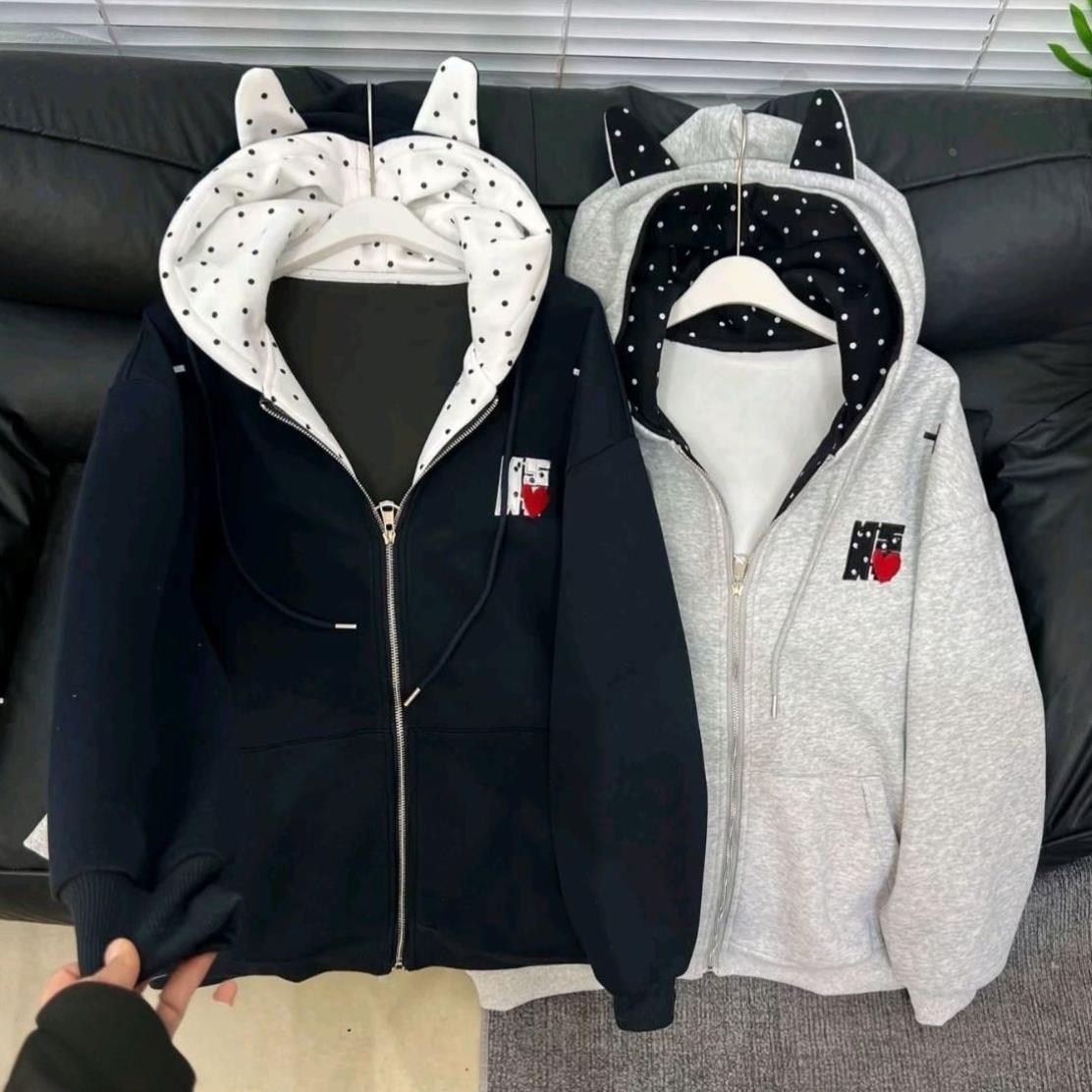 美式可爱猫耳朵连帽波点拼色卫衣外套女学生春季宽松百搭学生开衫