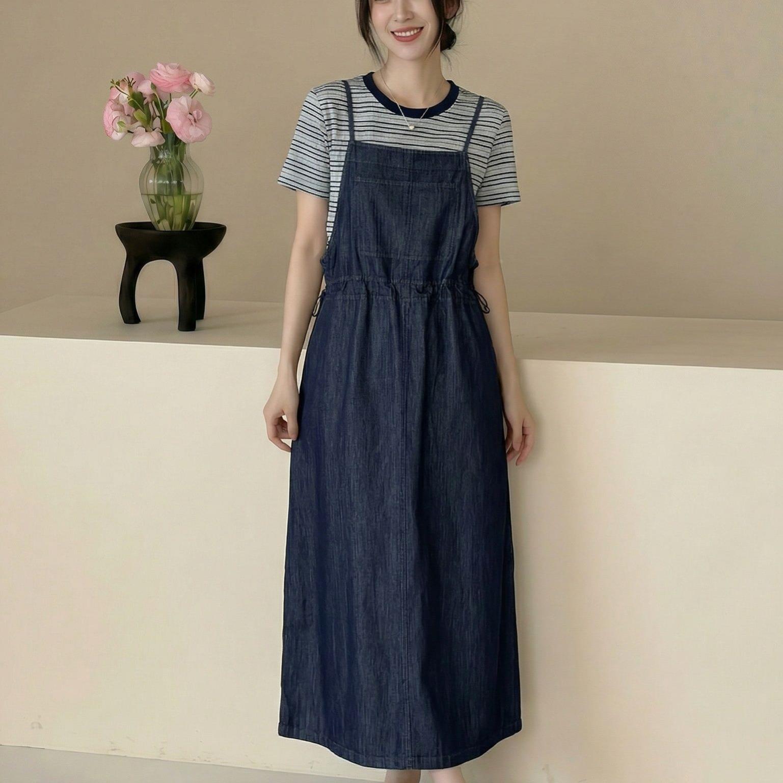 韩系简约风牛仔吊带长裙女夏宽松遮肉抽绳收腰显瘦短袖套装连衣裙
