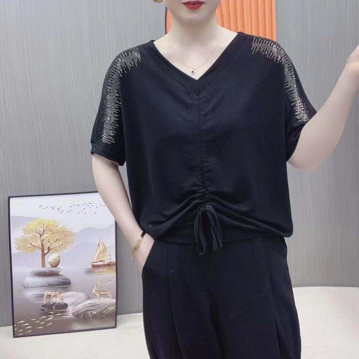 高档新款蝙蝠袖T恤显瘦大码夏季宽松遮肉中年短袖烫钻小衫上衣女