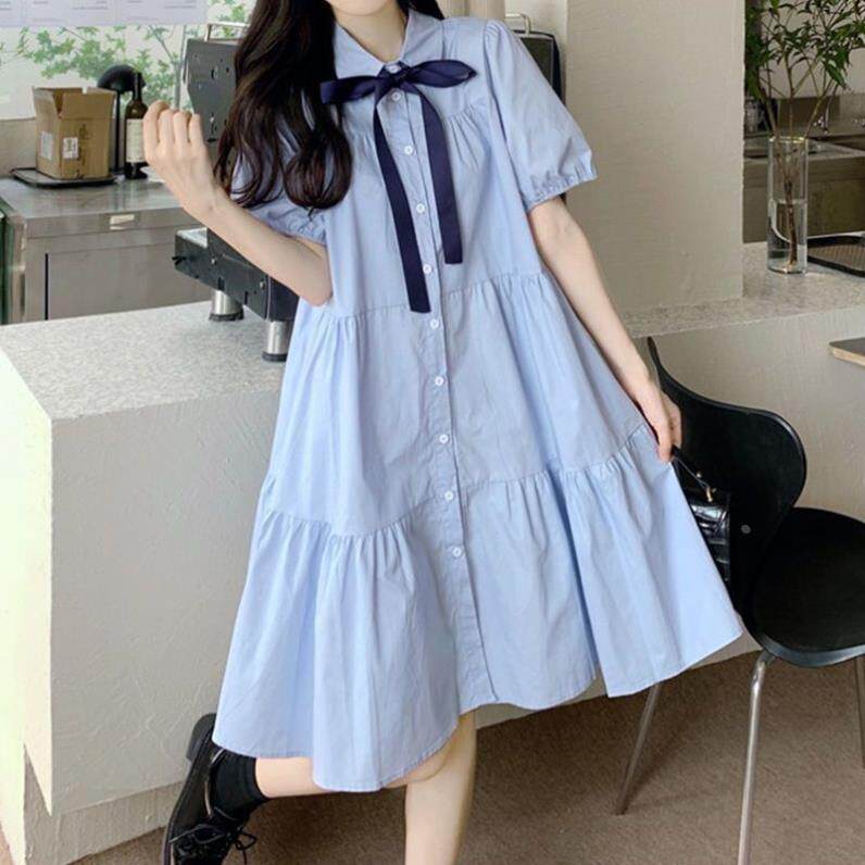 奶蓝色韩版宽松遮肚子连衣裙女夏季胖妹妹显瘦减龄学院风中长裙子
