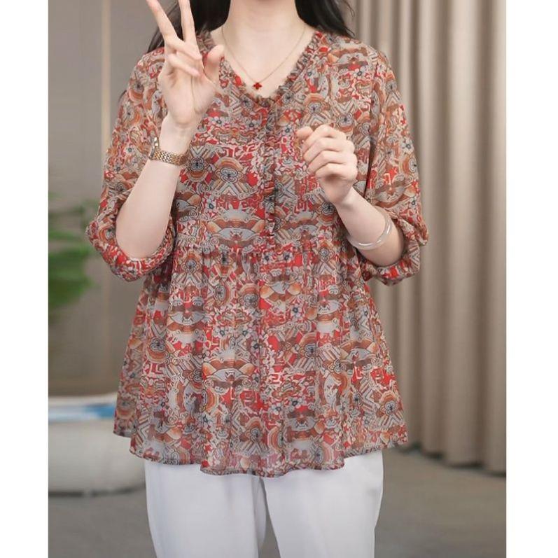 高质量复古碎花妈妈轻薄透气早秋小衫大码女装遮肉遮肚遮胯2026新