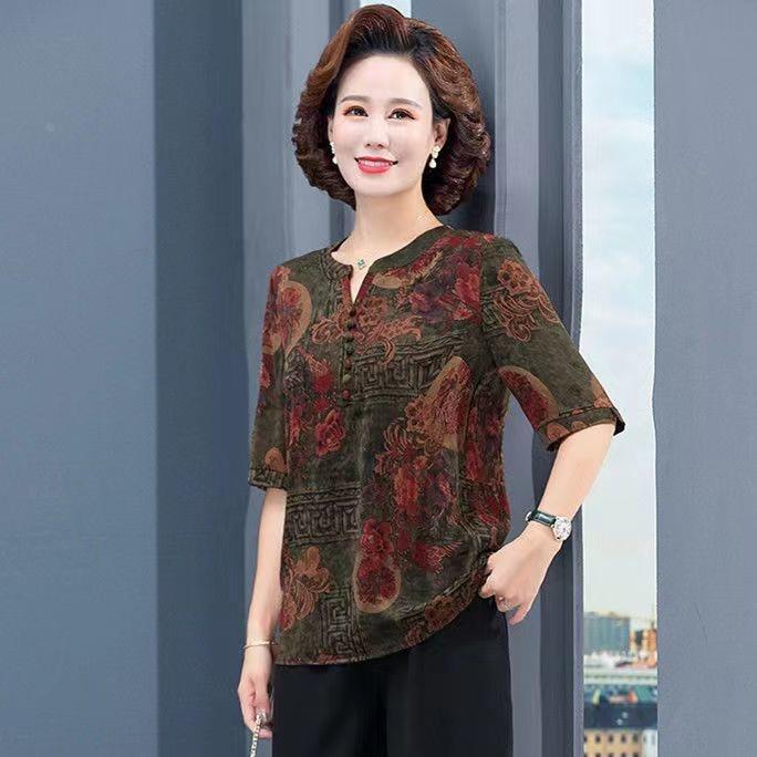 中老年女装宽松大码丝衬衫上衣女夏季新款桑印花五分袖小衫