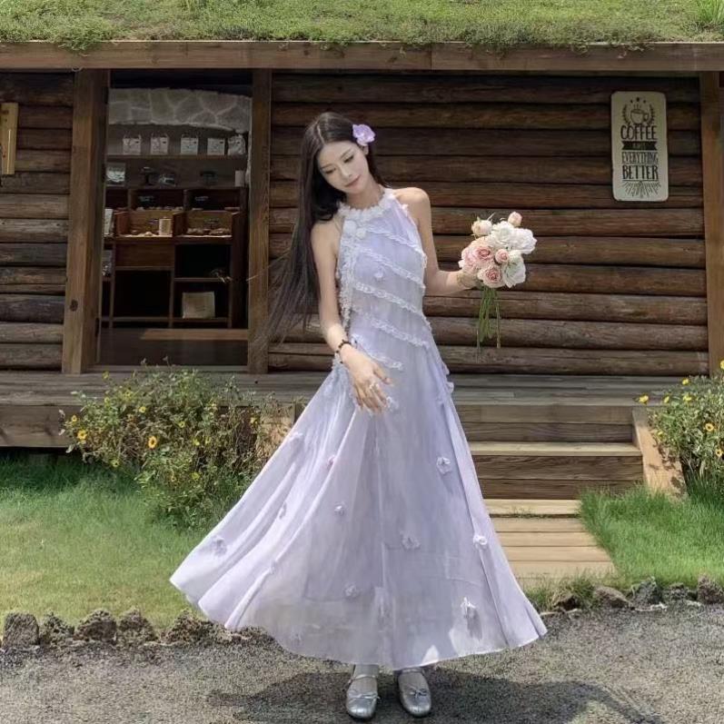 温柔多巴胺立体花朵挂脖连衣裙女夏日独特漂亮氛围感紫色仙女长裙