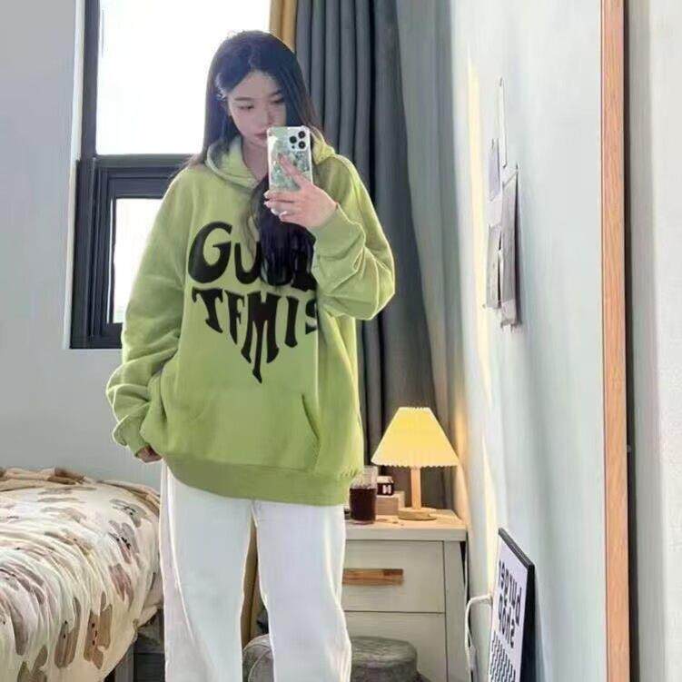 发泡爱心棉绿色加绒加厚卫衣女 oversize 宽松垂坠感入秋双帽上衣