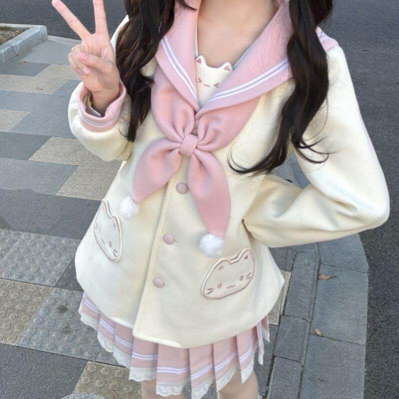 初町香原创正版制服jk日系可爱毛呢秋冬加厚外套甜美宽松学院大衣