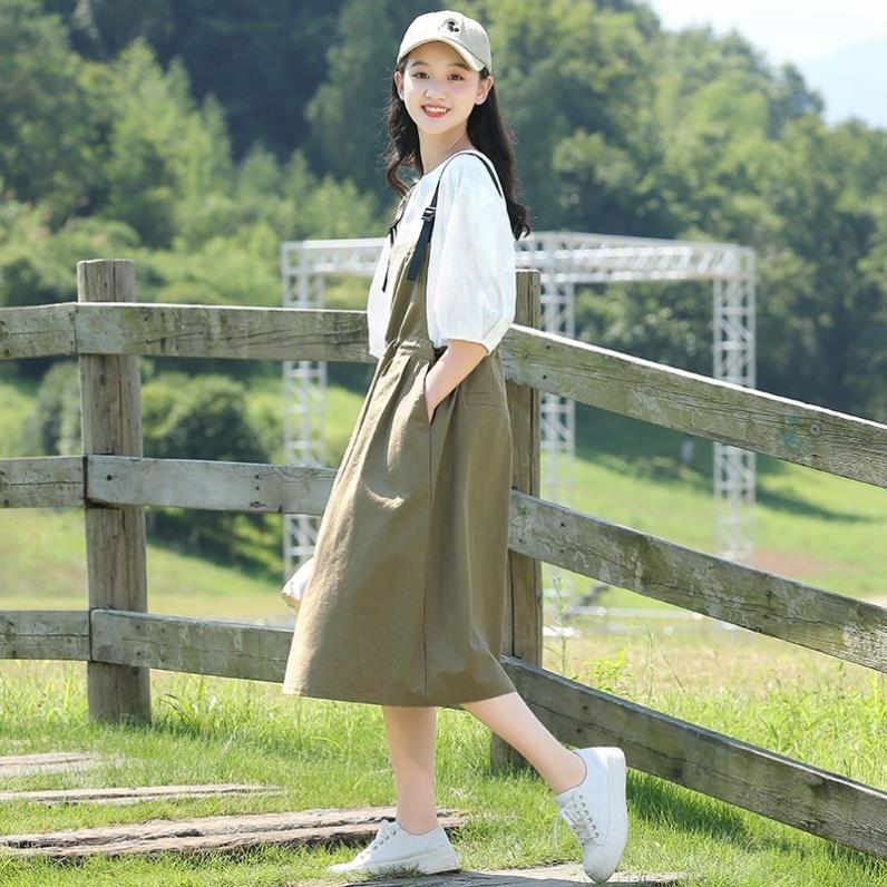 学院风甜美连衣裙女夏季中学生宽松背带裙套装长裙过膝超仙两件套