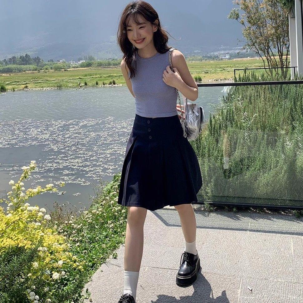 2025春秋款单排扣设计感外穿百褶裙女气质高腰显瘦a字半身裙中裙