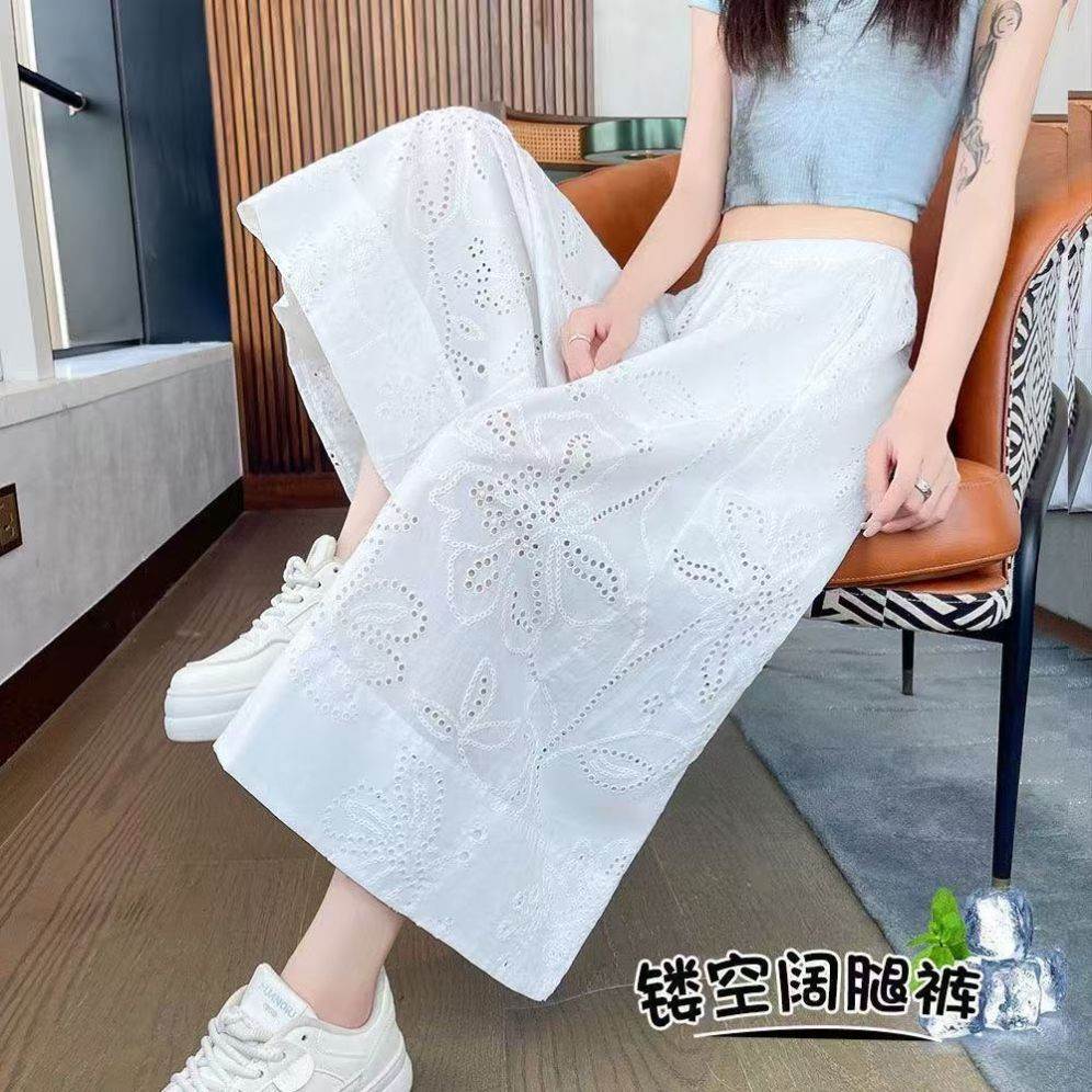 实拍法式慵懒女夏简约薄款白色镂空七分休闲裤宽松显瘦直筒阔腿裤