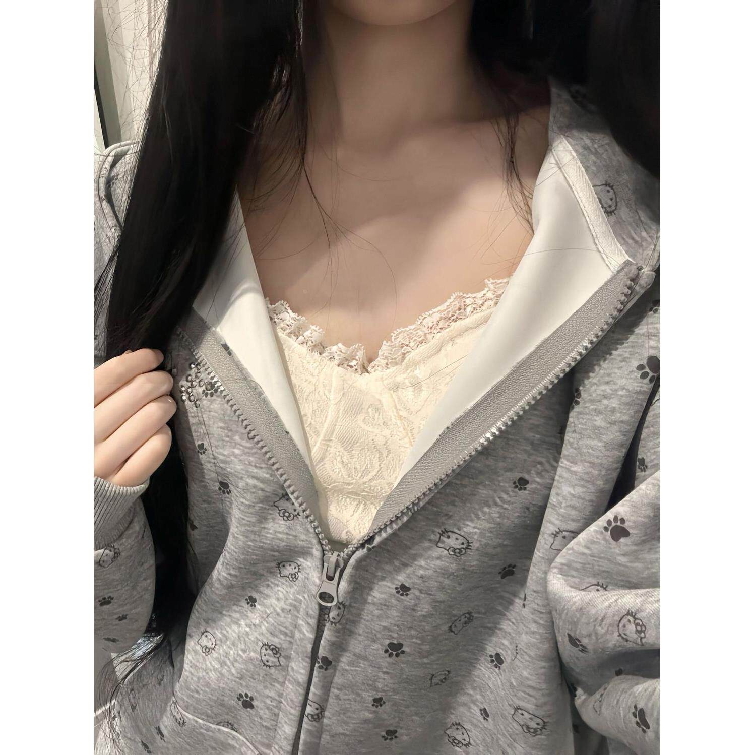 美式可爱猫耳满印镶钻kitty帽卫衣小众春秋新款别致开衫带帽外套
