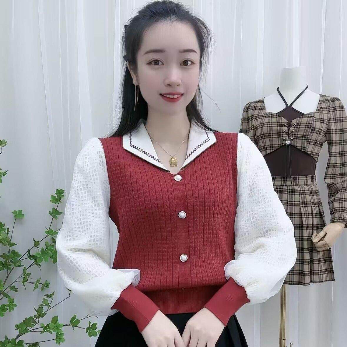 娃娃领二八月穿打底衫 毛衣女2026春季洋气拼接针织衫 百搭短款上