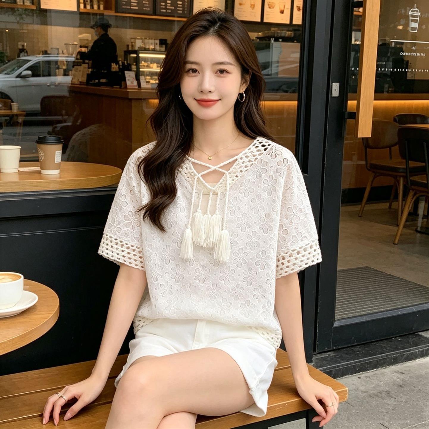 蕾丝短袖上衣女网纱宽松甜美雪纺衫2026夏季新款搭配吊带裙的罩衫