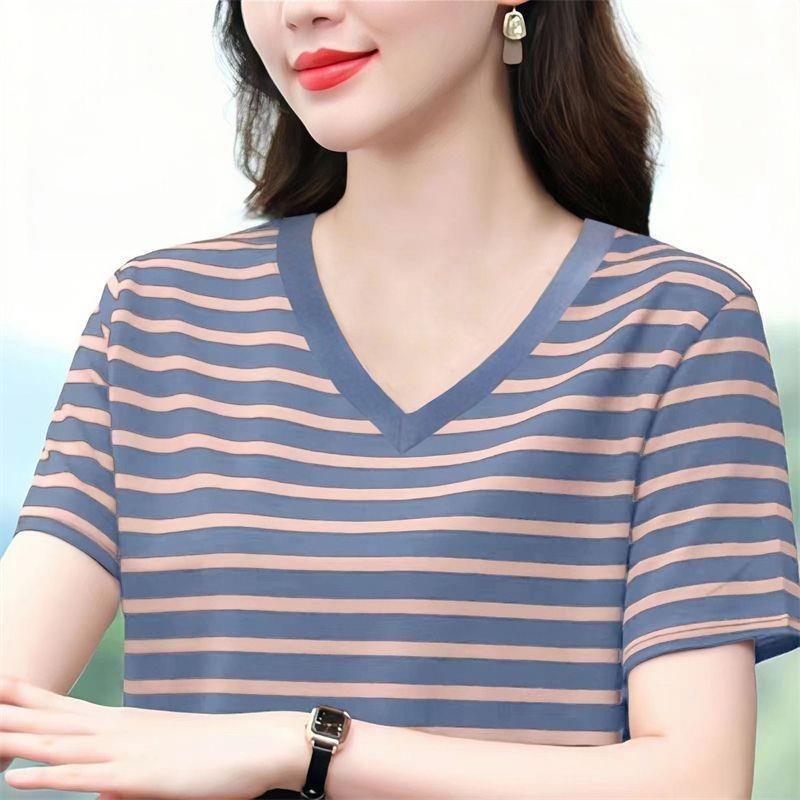 条纹棉短袖t恤女V领大码宽松妈妈装2024夏装新款显瘦遮肚子上衣
