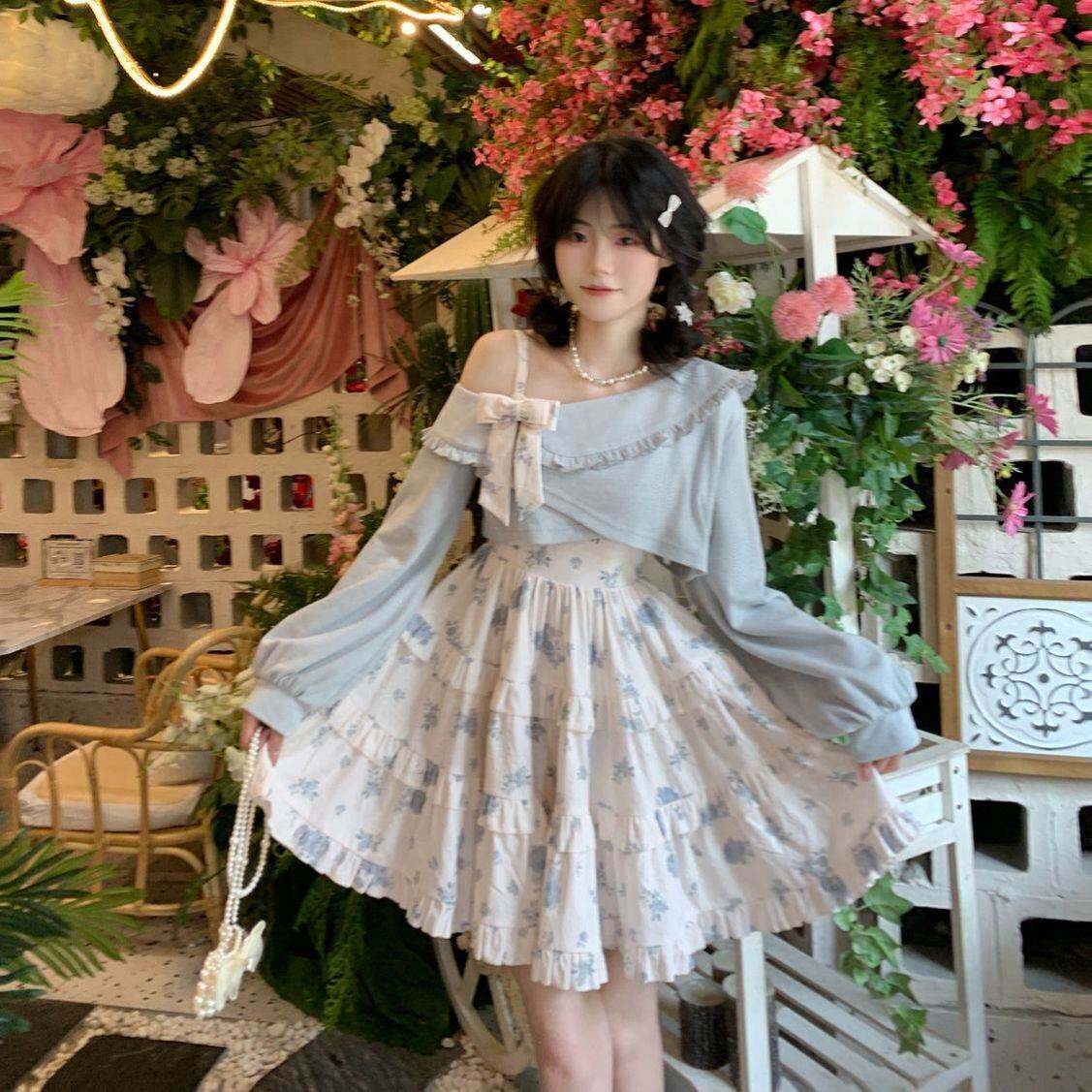 2025早春梦聆桃乐清新日系甜美碎花木耳边蛋糕裙印花吊带连衣裙