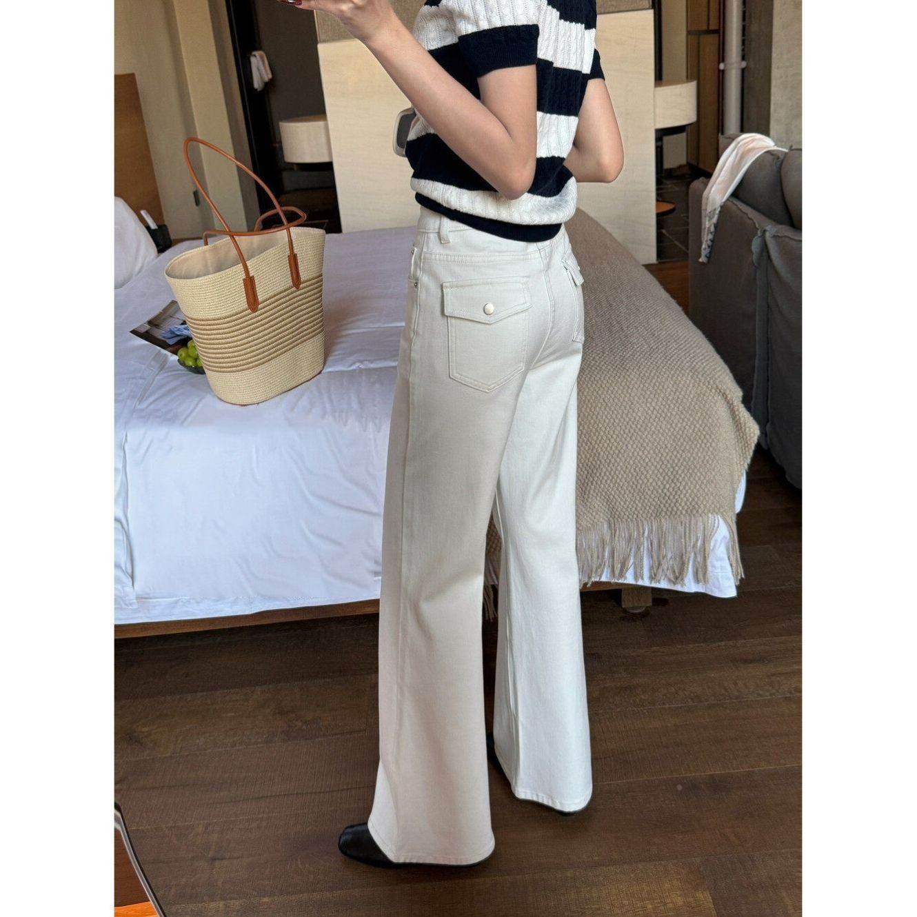 白色四面弹高腰微喇牛仔裤女2026夏季宽松直筒显瘦休闲喇叭拖地裤