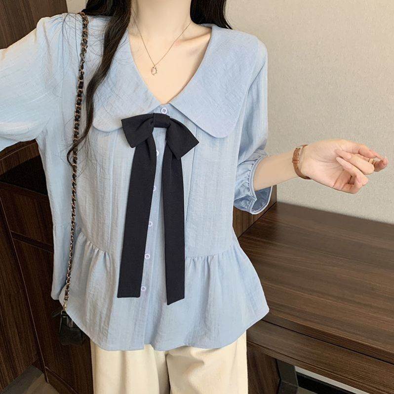 大码遮肚子甜美蝴蝶结娃娃领棉麻衫女夏季胖妹妹宽松显瘦短袖上衣
