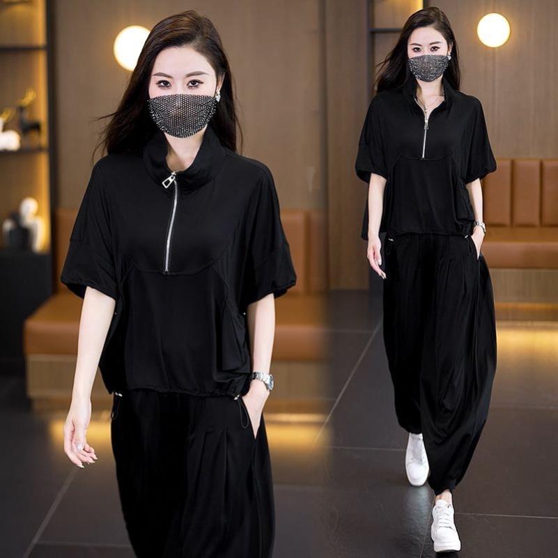 运动风轻奢休闲套装女2026夏季宽松遮肉气质简约上衣哈伦裤两件套