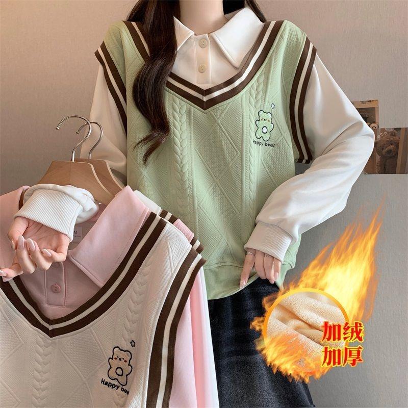 粉色假两件卫衣女春秋2026新款学院风设计感拼接polo马甲短款上衣