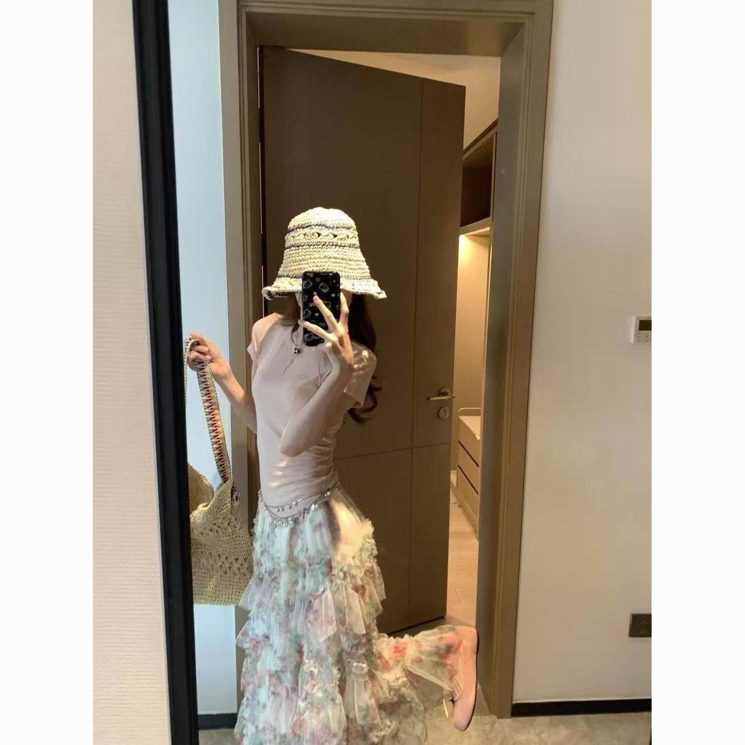 加长款100CM!温柔碎花网纱仙女半身裙高腰法式大摆长裙蓬蓬a字裙
