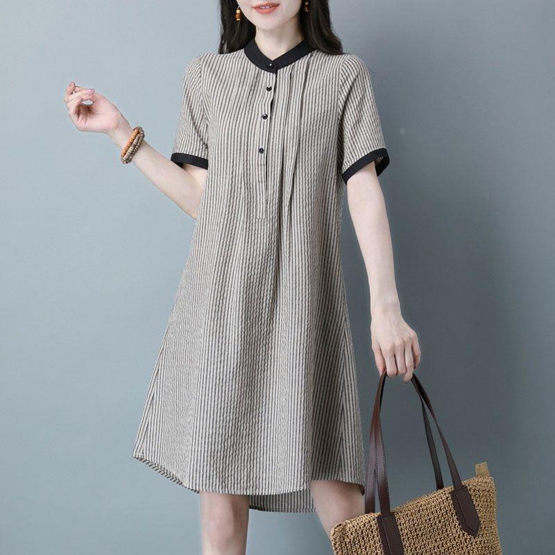 连衣裙2025新款女 大码女装韩版宽松中长款条纹衬衫裙 胖mm裙子夏