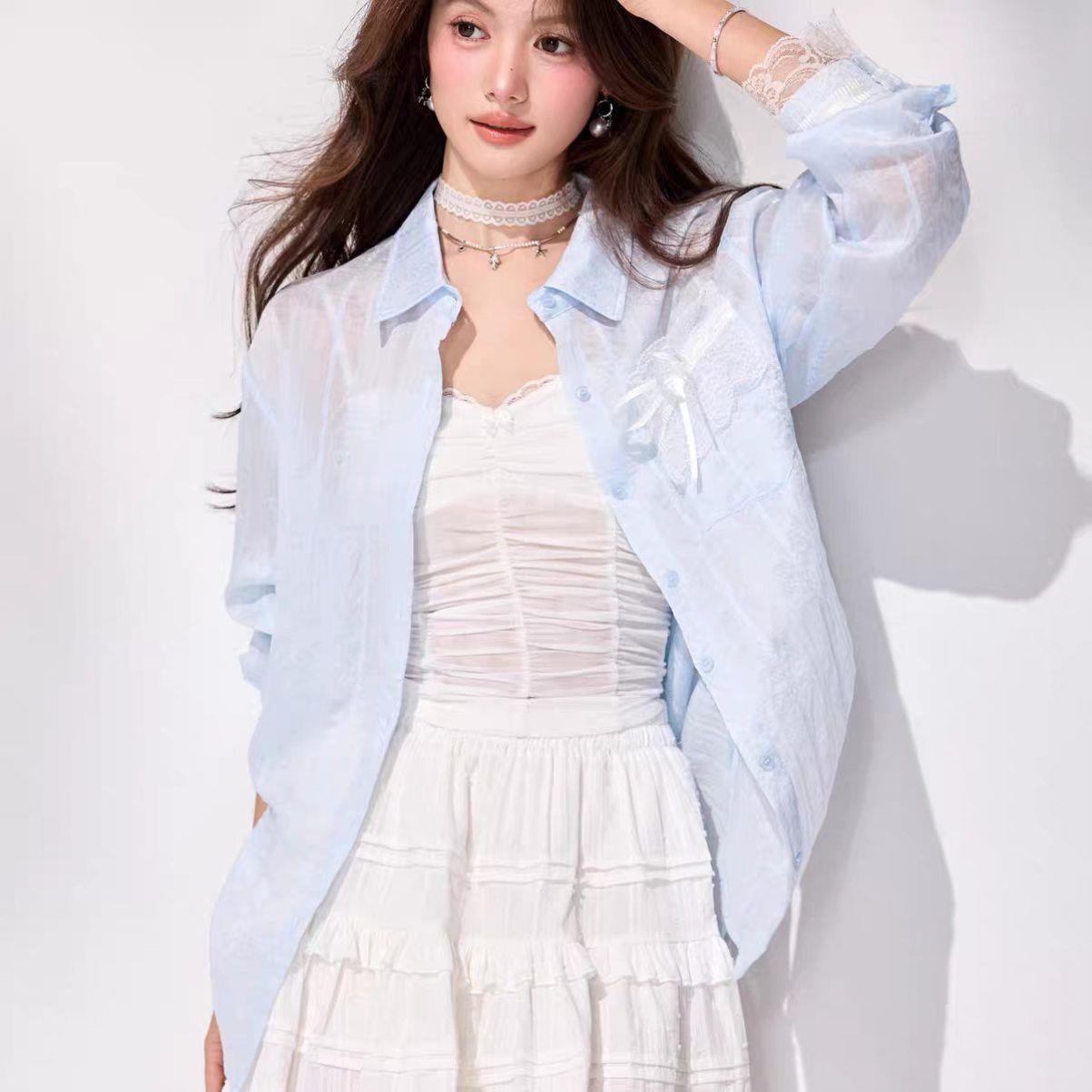 蕾丝雪纺防晒衬衫女长袖夏季新款微透薄款学院甜美外套