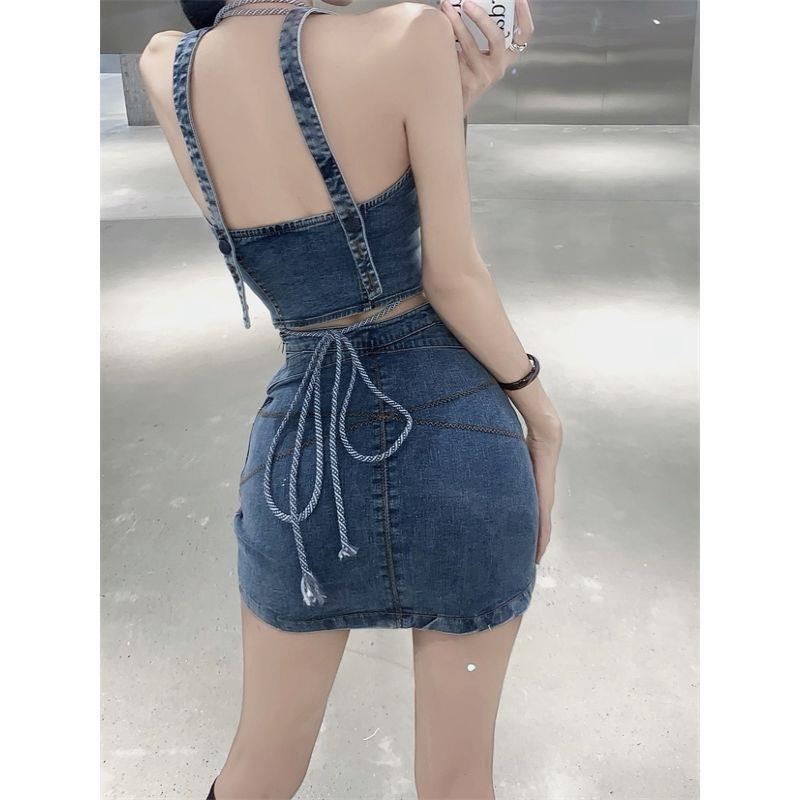 网红辣妹时尚套装女夏季纯欲短款吊带背心高腰a字牛仔包臀半身裙
