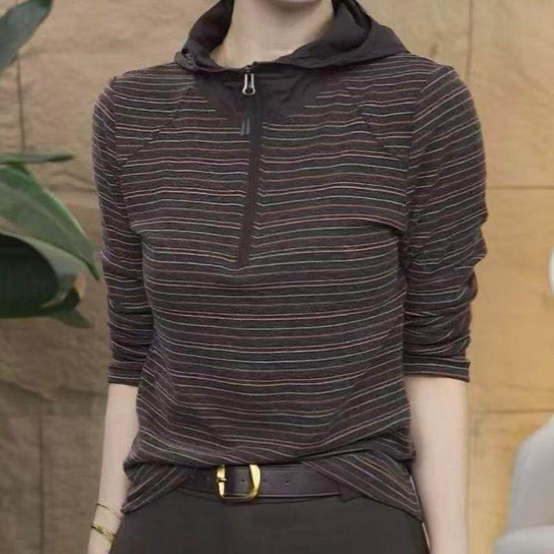 洋气百搭条纹拉链连帽长袖T恤 2026秋季弹力外穿 女士休闲上衣