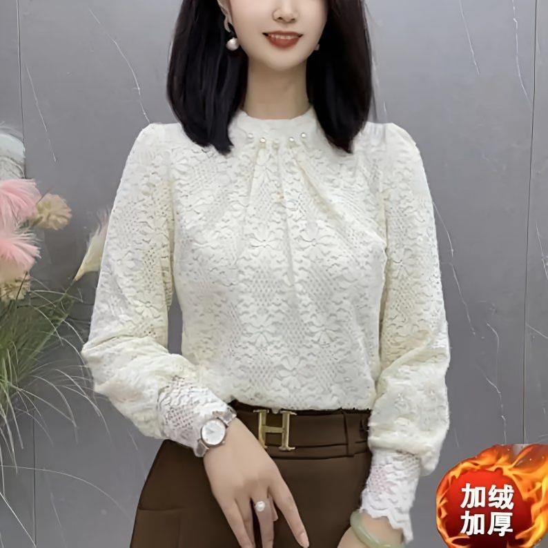 秋冬24新款加绒加厚时尚洋气珍珠领百搭遮肚子蕾丝长袖打底衫上衣
