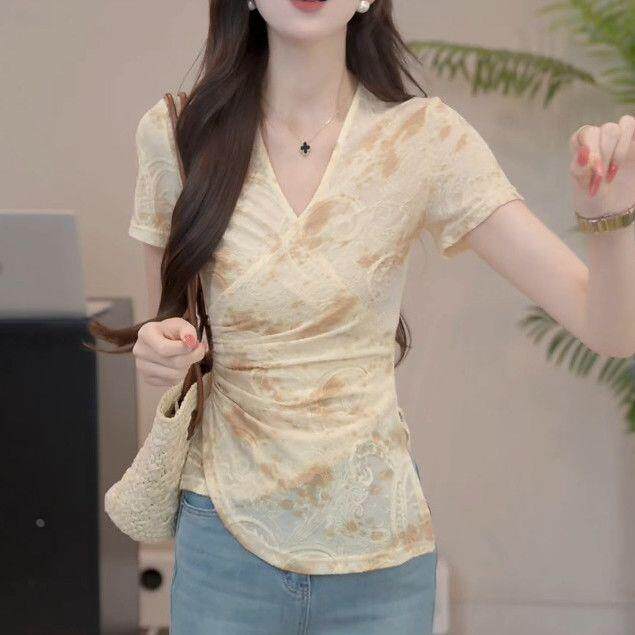 新品法式V领收腰开叉短袖T恤夏季新款显瘦甜美风上衣女装遮肚子