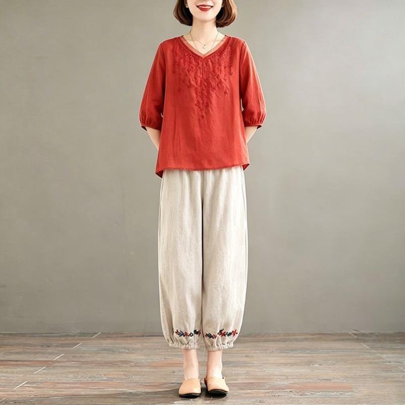 中老年女装妈妈夏装套装2026夏季新款大码显瘦刺绣宽松棉麻两件套
