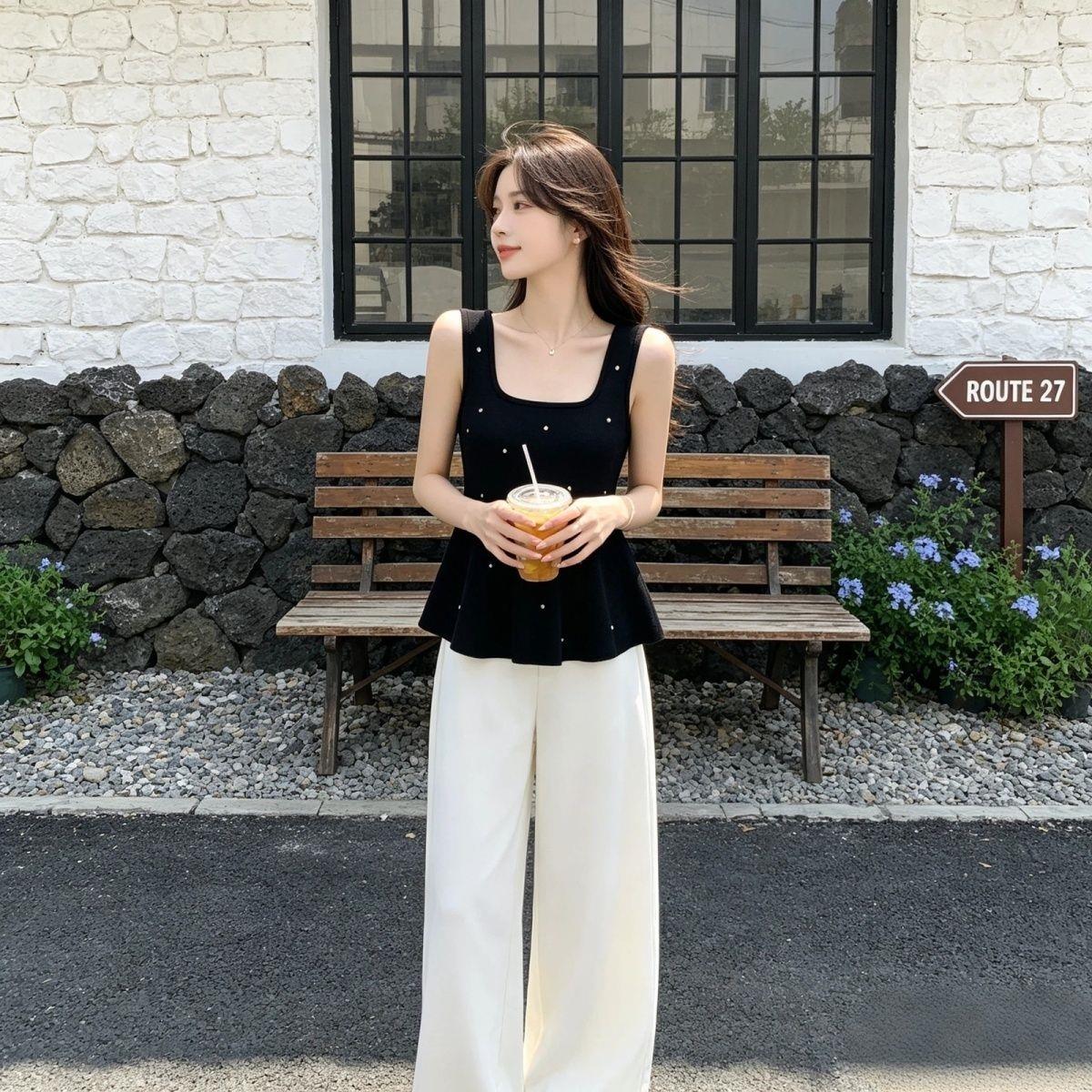 2026夏季新款女装小众方领钻饰针织衫背心荷叶边下摆收腰显瘦吊带
