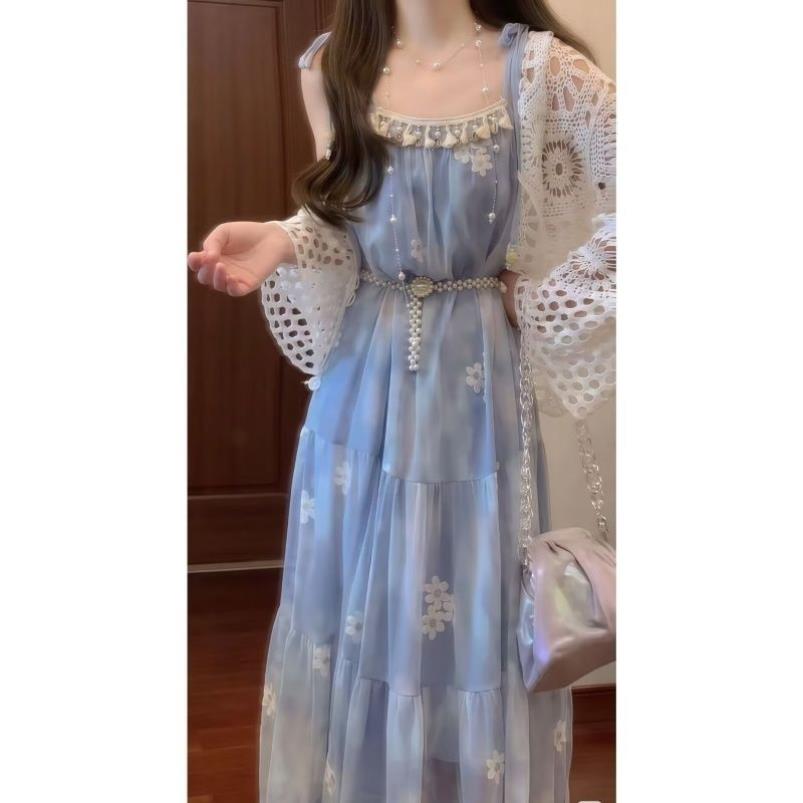 海边度假吊带连衣裙夏季新款镂空开衫绝美长裙子女海边沙滩裙