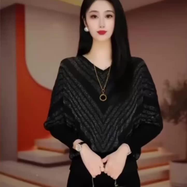蝙蝠衫女V领针织衫早秋冬拼色外穿短款蝙蝠袖宽松百搭打底衫上衣