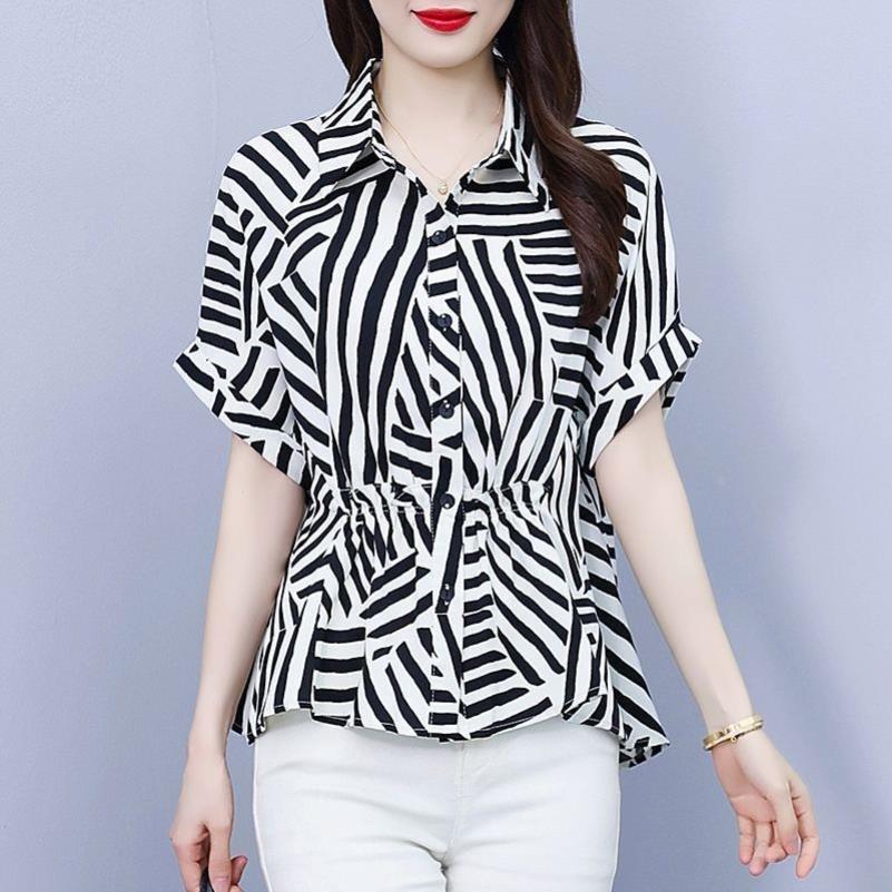 条纹雪纺衬衫女士装夏季2026年新款妈妈洋气上衣洋气小衫短袖衬衣