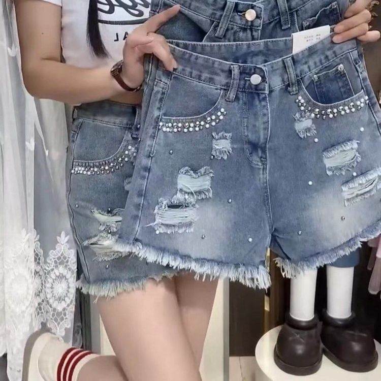 破洞珍珠毛边牛仔短裤女2025新款高腰显瘦a字宽松设计阔腿热裤潮