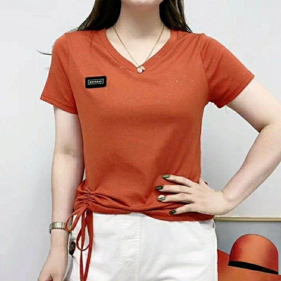 体恤衫女新款短袖洋气遮肚显瘦大码妈妈装亮片设计感大众百搭