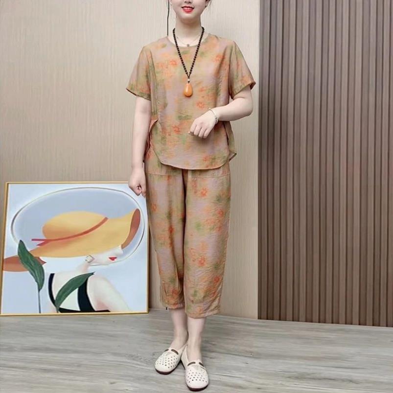 新款妈妈夏装复古套装高档减龄中老年女装宽松遮肚上衣裤子两件套