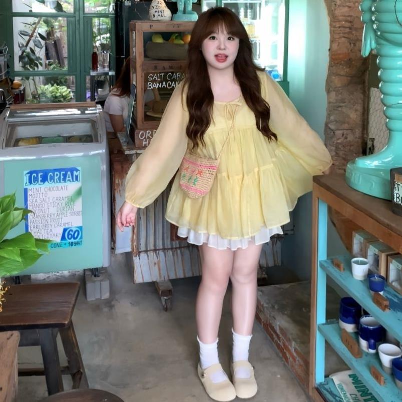 大码胖mm甜美可爱宽松泡泡袖蓬蓬上衣女春夏季蛋糕裙半身短裙套装