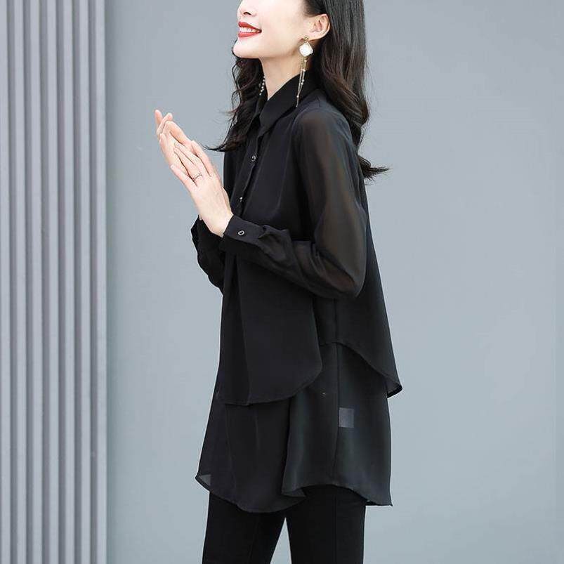 黑色雪纺衬衫中长款 2026春季新款气质显瘦上衣女 宽松洋气百搭