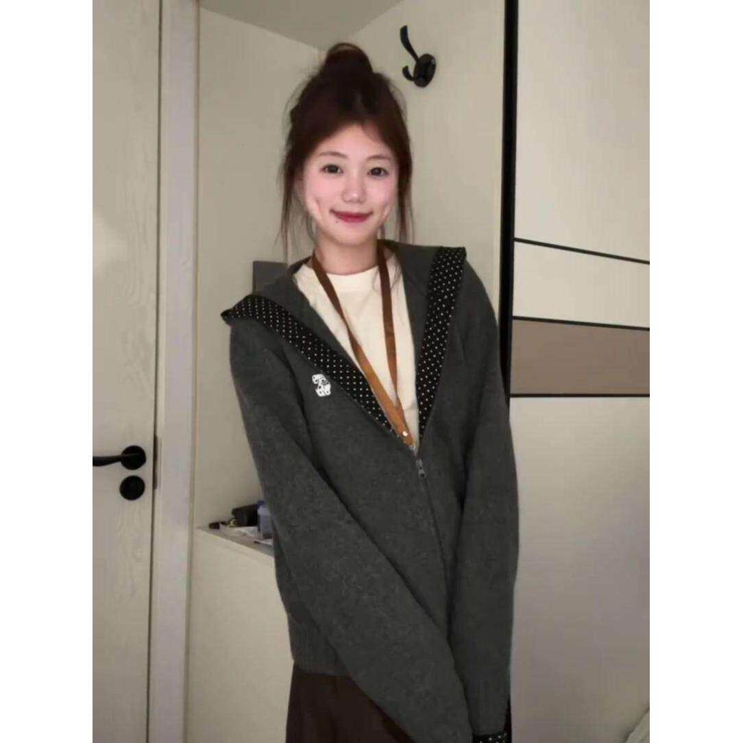 韩系慵懒高级感灰色波点提花小狗连帽开衫毛衣女秋冬宽松针织外套